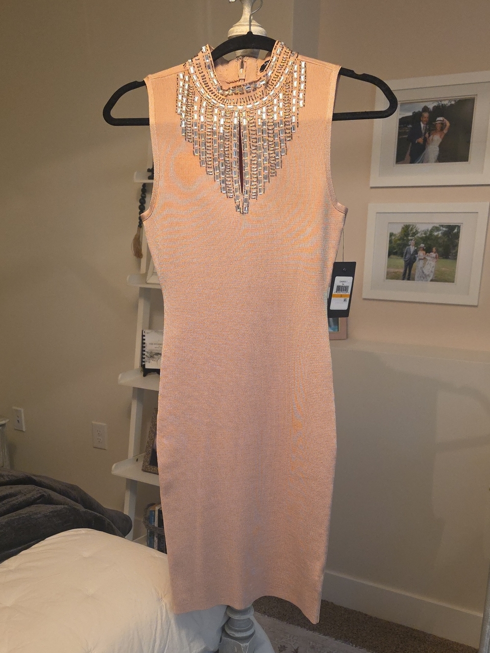Marciano Peach Beaded Neck Bodycon Dress